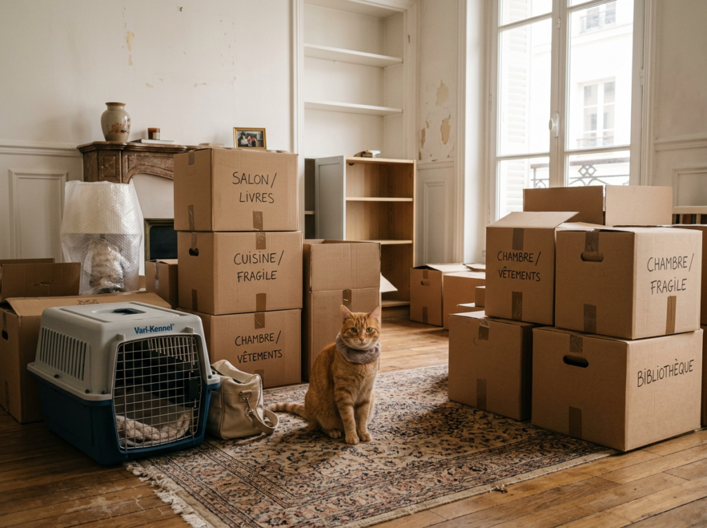 Chat ou chien au milieu de cartons lors d’un déménagement