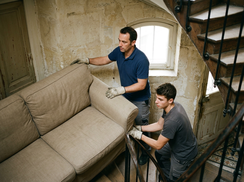 Déménageurs faisant passer un meuble dans un escalier difficile