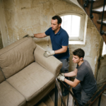Déménageurs faisant passer un meuble dans un escalier difficile