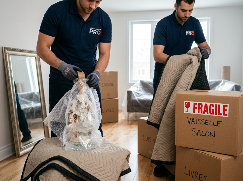 Déménageurs protégeant des objets fragiles avec emballage