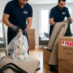 Déménageurs protégeant des objets fragiles avec emballage