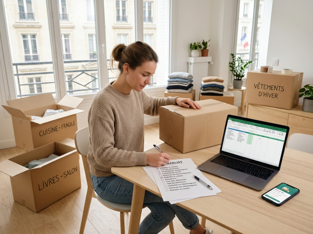 Personne préparant un déménagement avec cartons et checklist