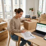 Personne préparant un déménagement avec cartons et checklist