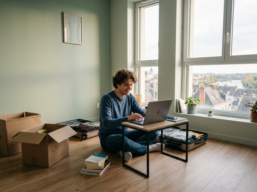 Étudiant emménageant dans un studio avec cartons