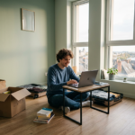 Étudiant emménageant dans un studio avec cartons