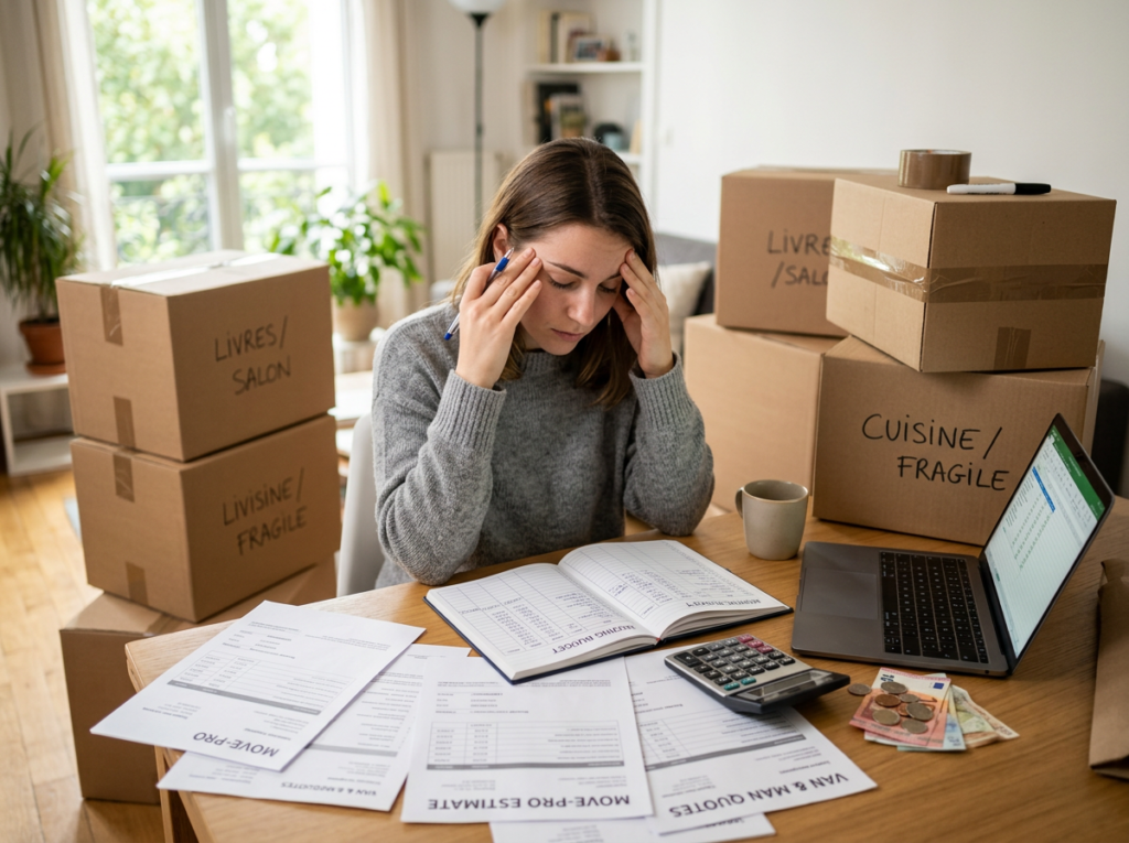 Personne calculant le coût d’un déménagement avec devis