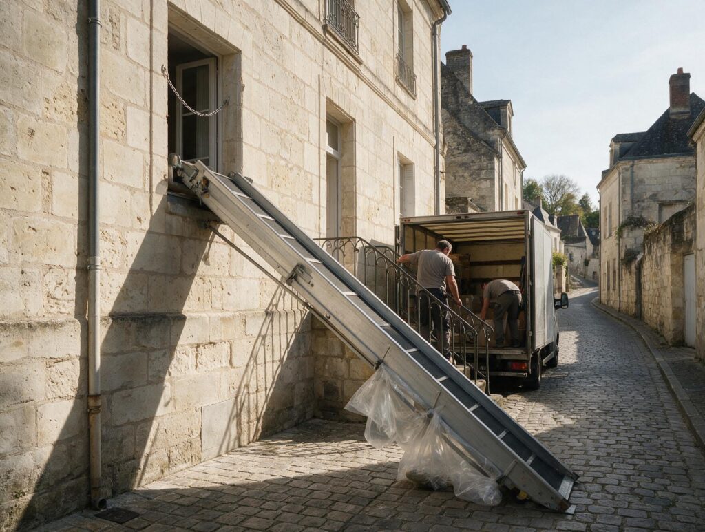 Monte-meubles déployé le long d'une façade en tuffeau dans une rue étroite de Saumur