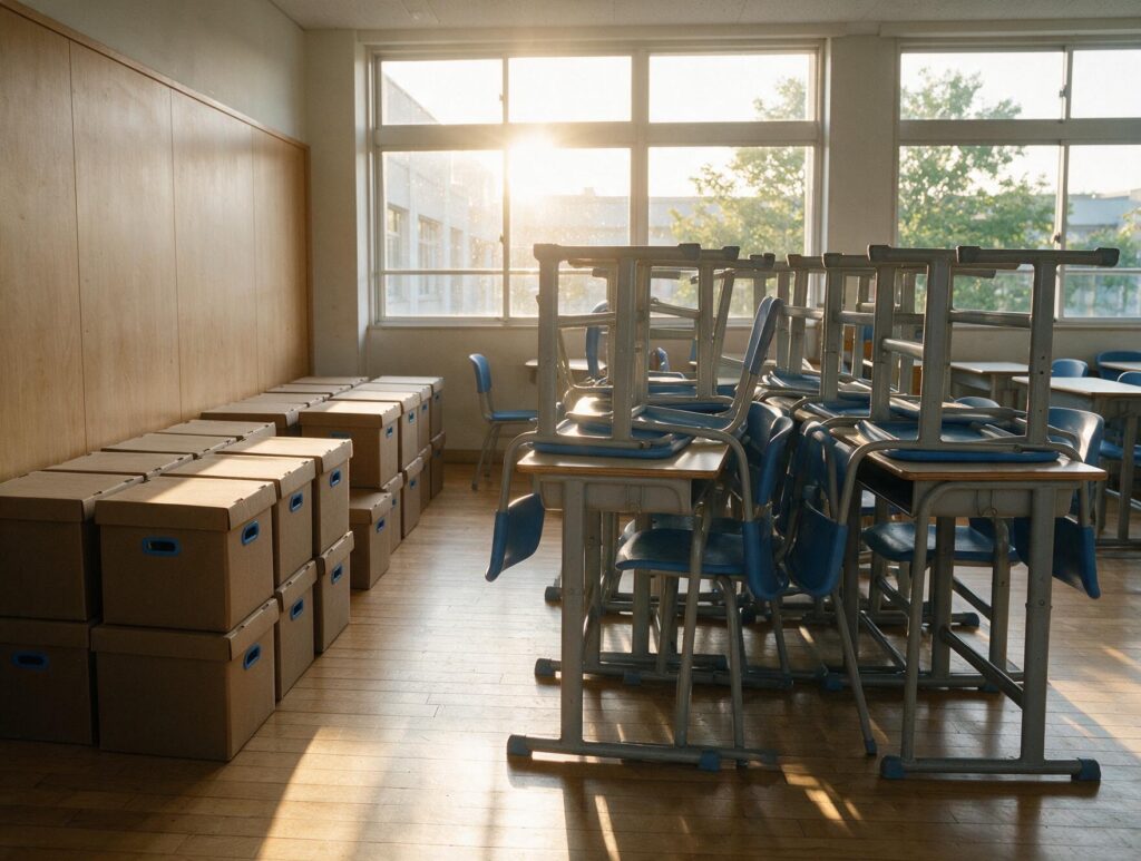 Salle de classe en cours de déménagement avec tables empilées et caisses d'archives