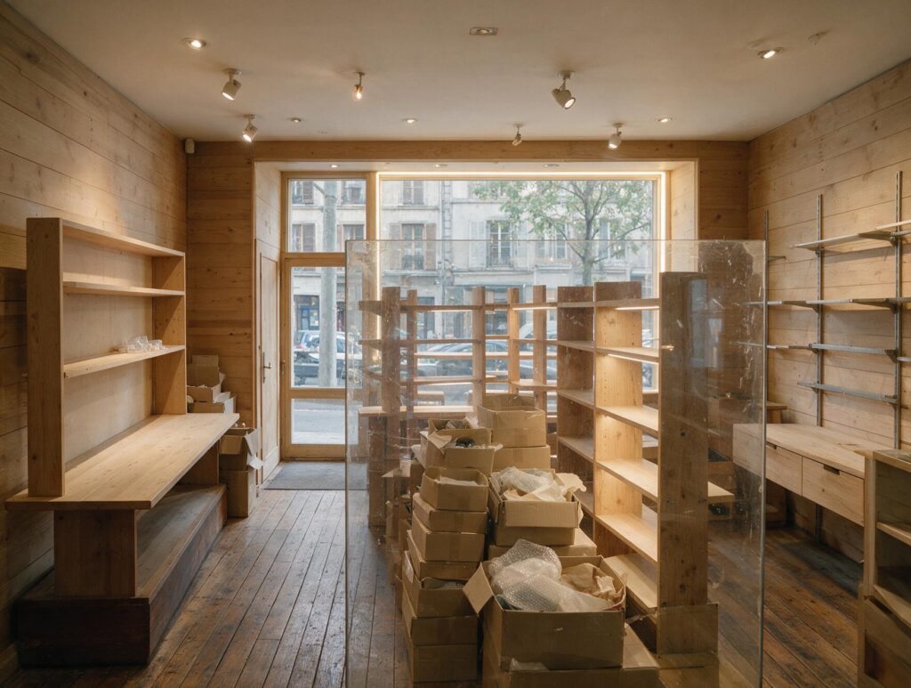 Boutique en cours de transfert avec présentoirs démontés et cartons étiquetés