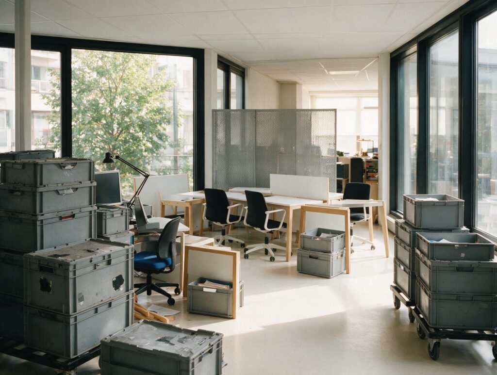 Plateau de bureaux en cours de déménagement avec caisses navettes empilées