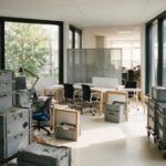 Plateau de bureaux en cours de déménagement avec caisses navettes empilées