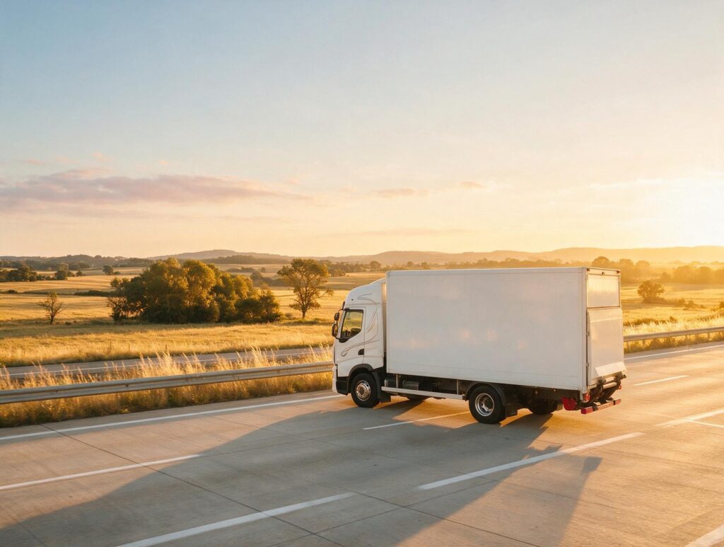 Camion de déménagement sur une autoroute française au lever du jour