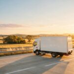 Camion de déménagement sur une autoroute française au lever du jour