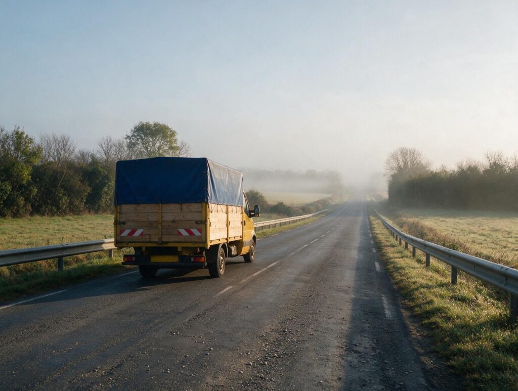 Camion de déménagement sur une route départementale entre l'Anjou et la Vienne