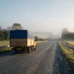 Camion de déménagement sur une route départementale entre l'Anjou et la Vienne
