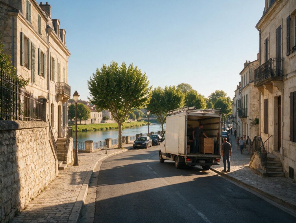 Camion de déménagement stationné dans une rue de Châtellerault au bord de la Vienne
