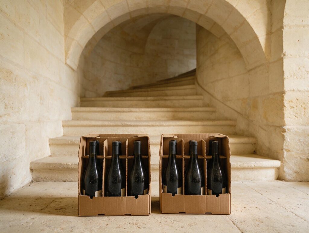 Cartons à casiers de bouteilles de vin au pied d'un escalier de cave en tuffeau