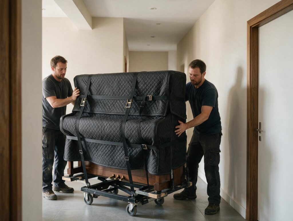 Piano droit protégé par des housses et sanglé sur un chariot de manutention