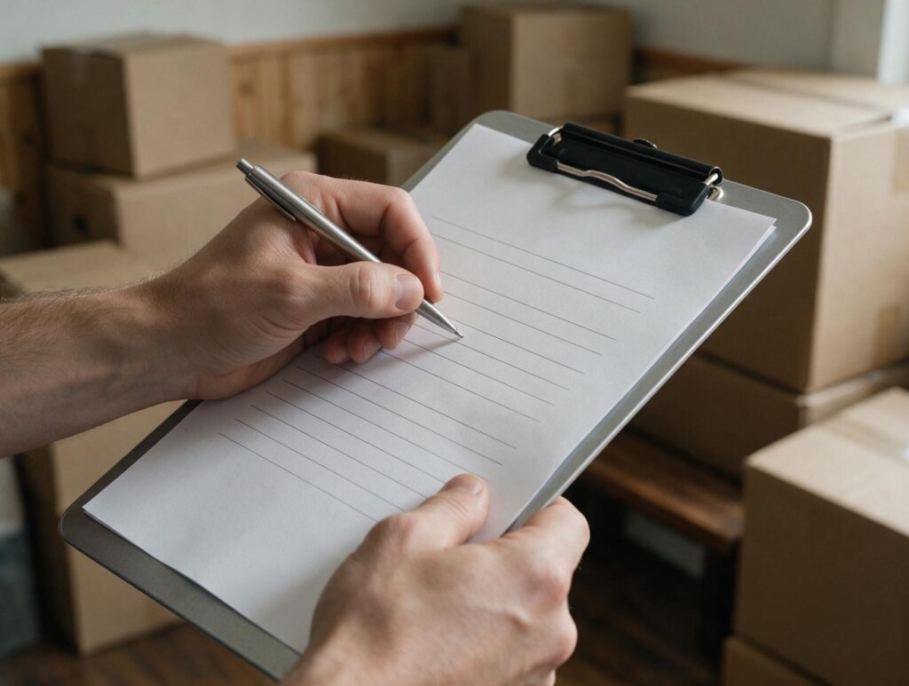 Signature d'un document de déménagement devant des cartons empilés