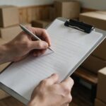 Signature d'un document de déménagement devant des cartons empilés