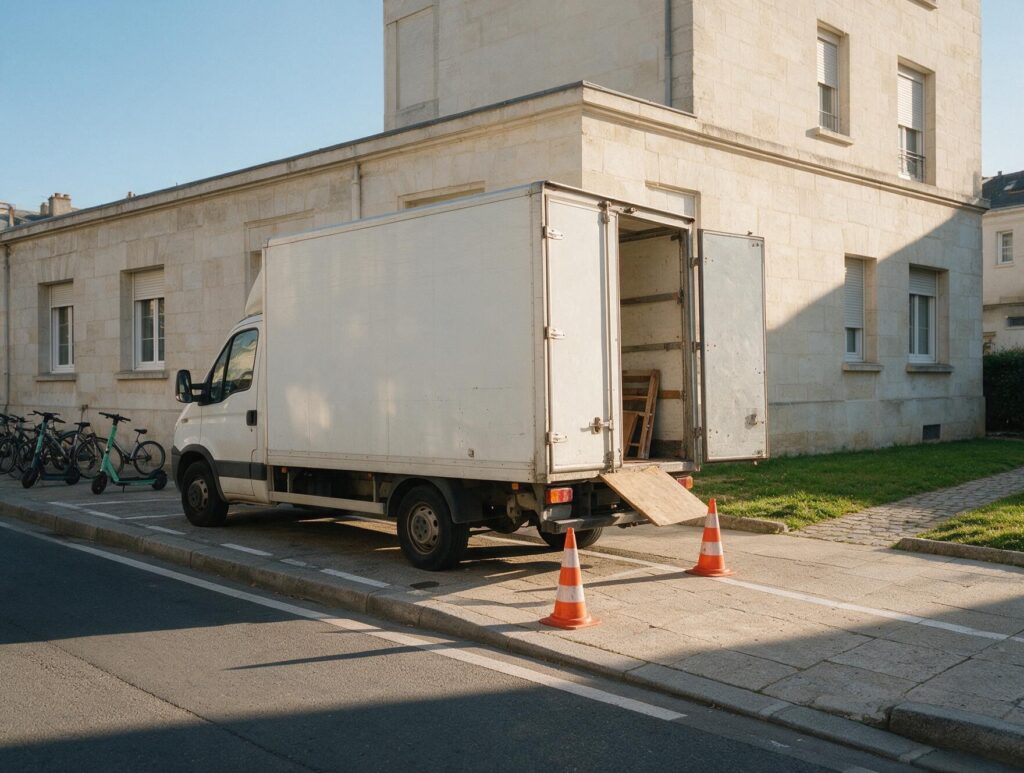 Camion de déménagement stationné sur un emplacement réservé en ville