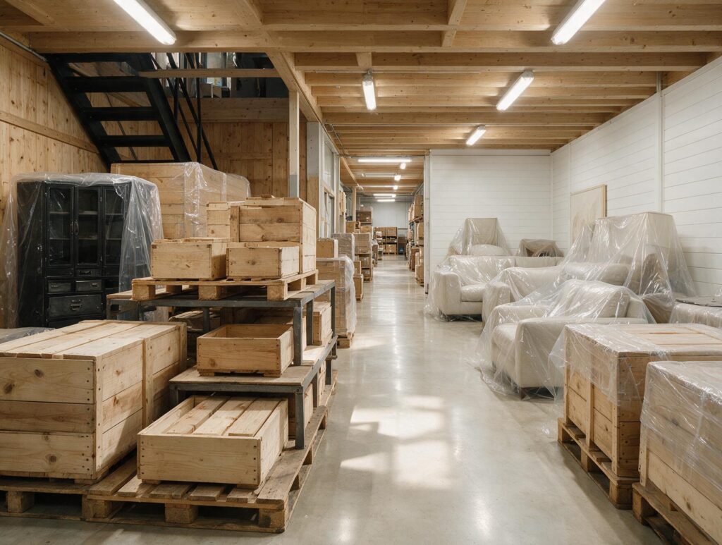Entrepôt de stockage avec mobilier protégé sous housses et caisses de bois