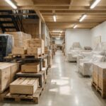 Entrepôt de stockage avec mobilier protégé sous housses et caisses de bois