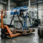 Machine-outil sanglée sur palette dans un atelier avant son transfert